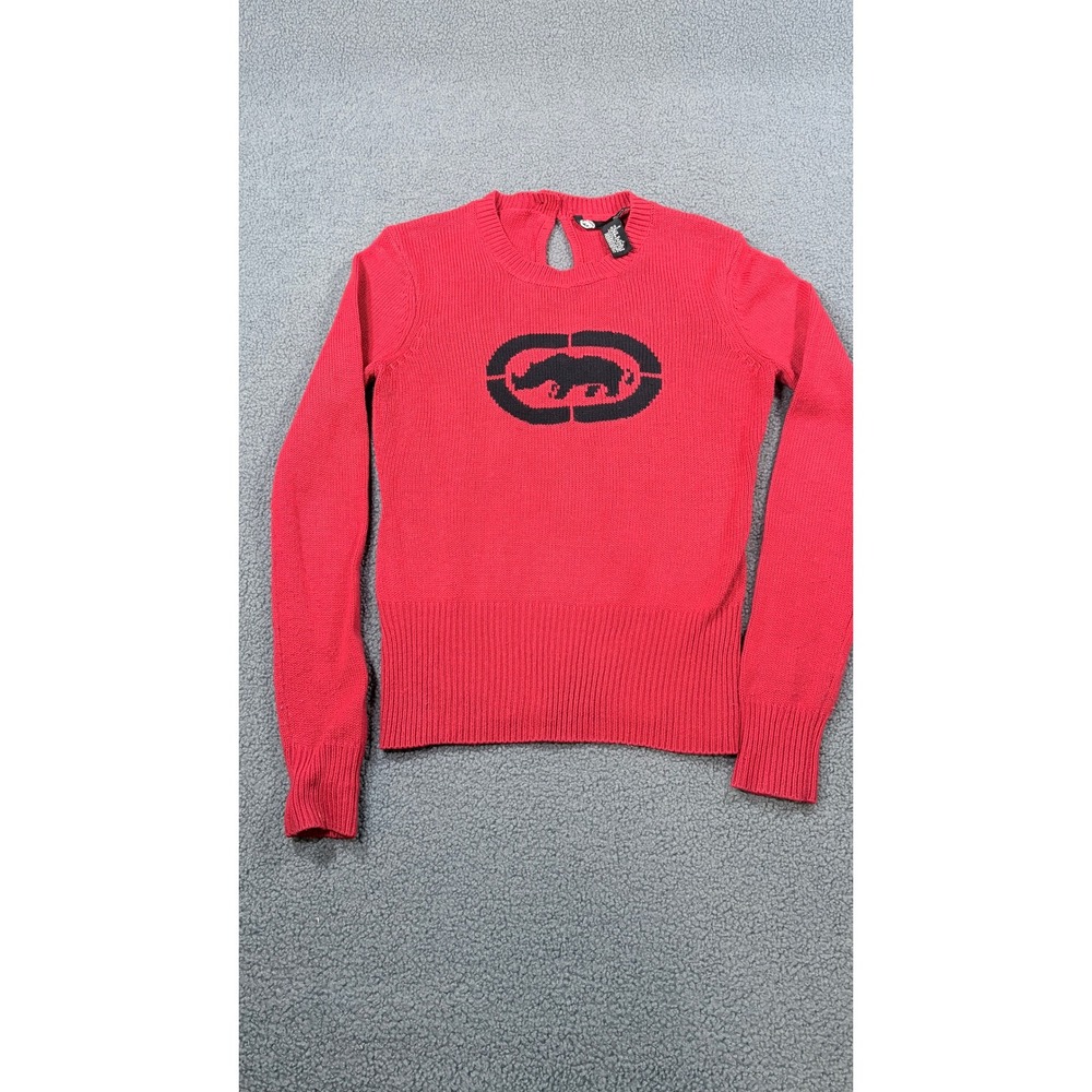 Ecko Red Sweater Womens Large Red Rhino Graphic Keyhole Back Long Sleeve Ribbed